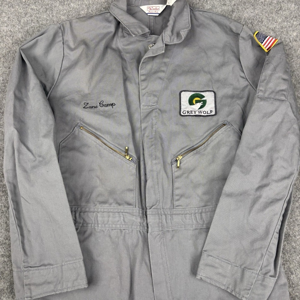 Vintage Walls Coveralls Mens 42 Tall Gray Grey Wolf Workwear USA Flag Mechanic